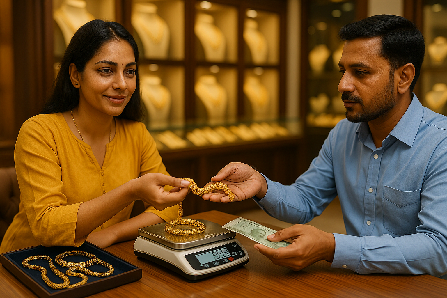 Weighing gold coins and chains